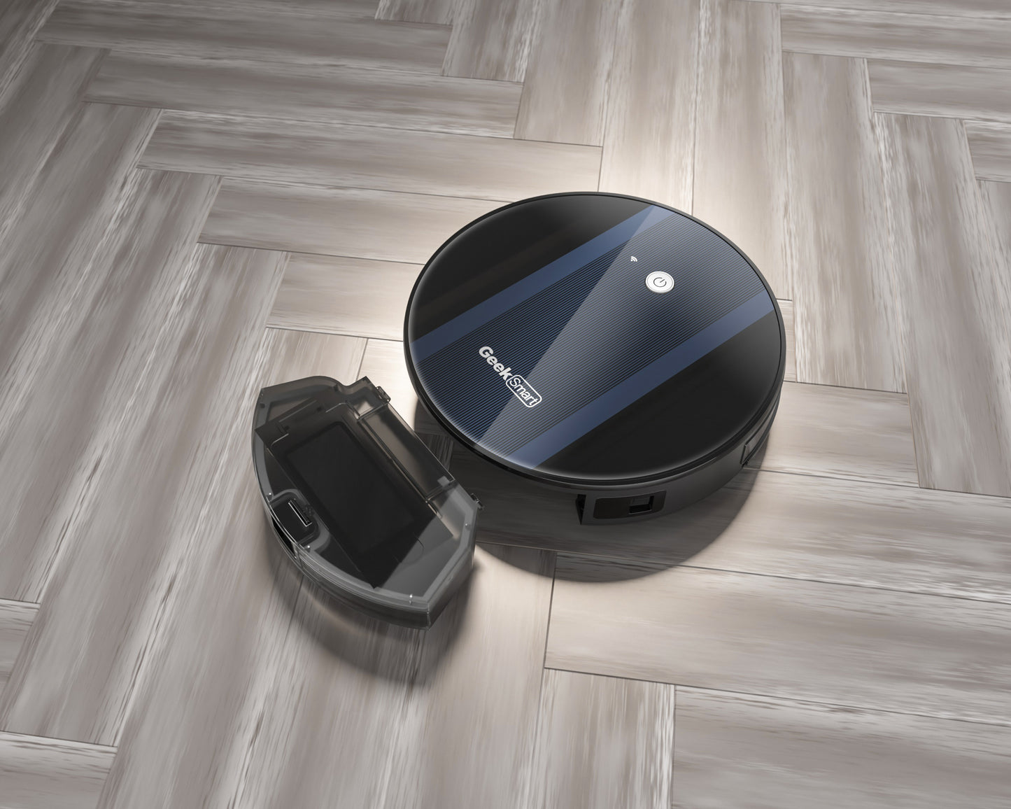 Geek Smart black robot vacuum cleaner on light wood floor with detached dustbin