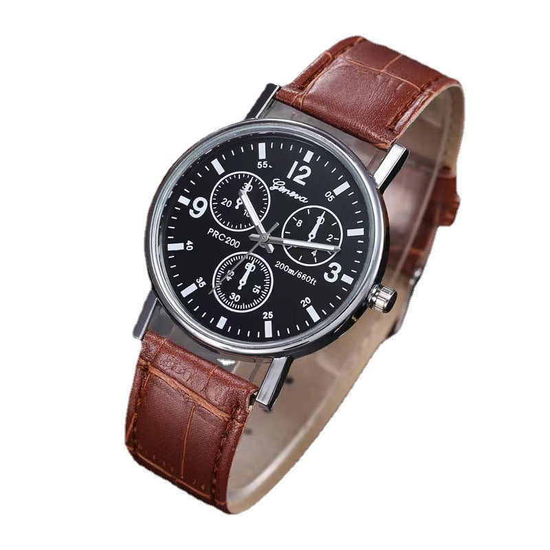 Classic men's wristwatch with black dial, silver case, and brown leather strap