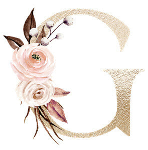 Elegant gold letter G adorned with soft pink and white roses and delicate greenery