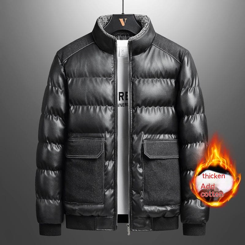 black thickened cotton padded puffer jacket with front flap pockets on hanger