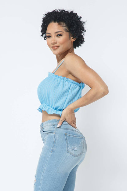 Fancy Knit Sleeveless Shirring Detail Elastic Crop Top