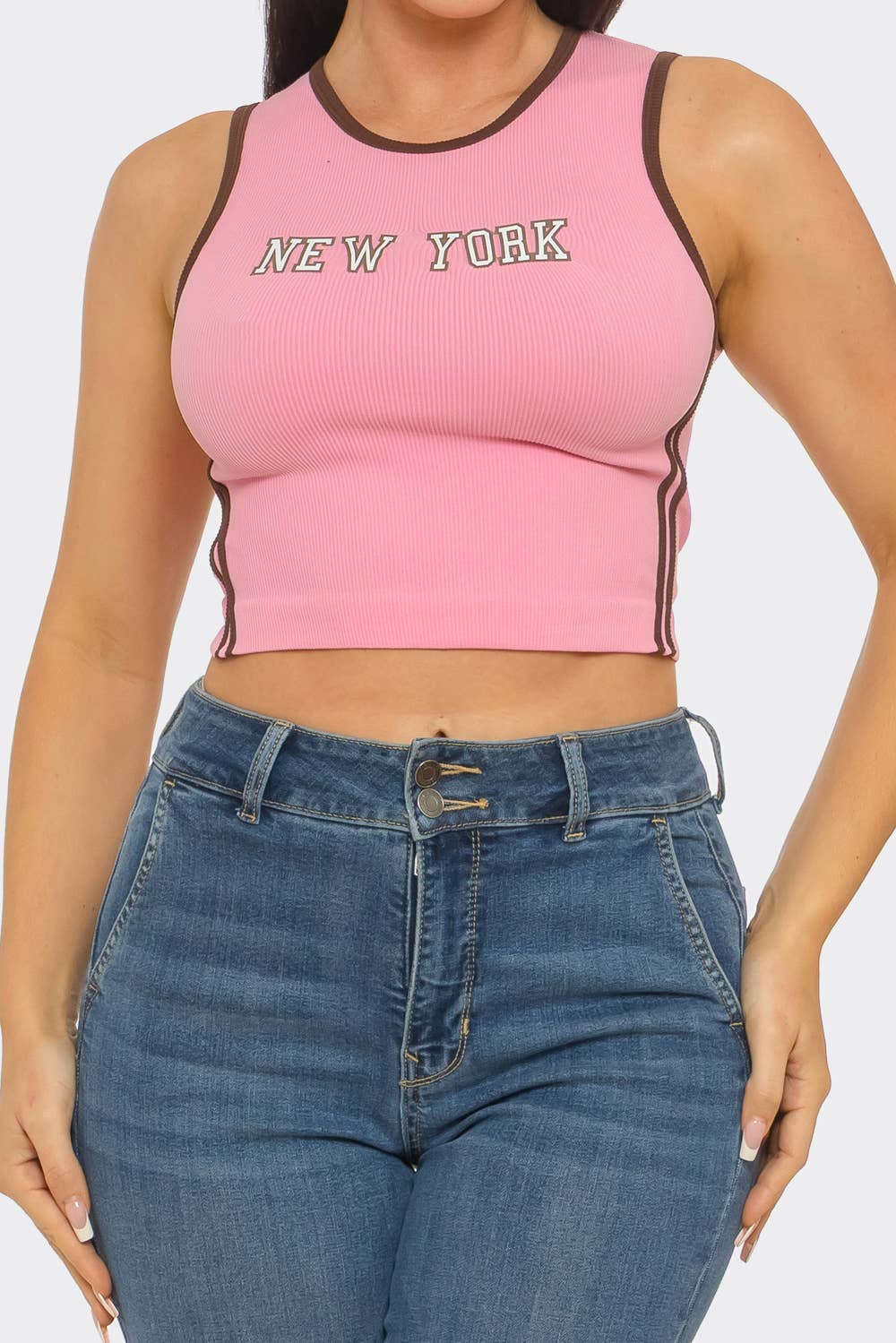 Seamless "New York" Screen Print Side Stripes Top