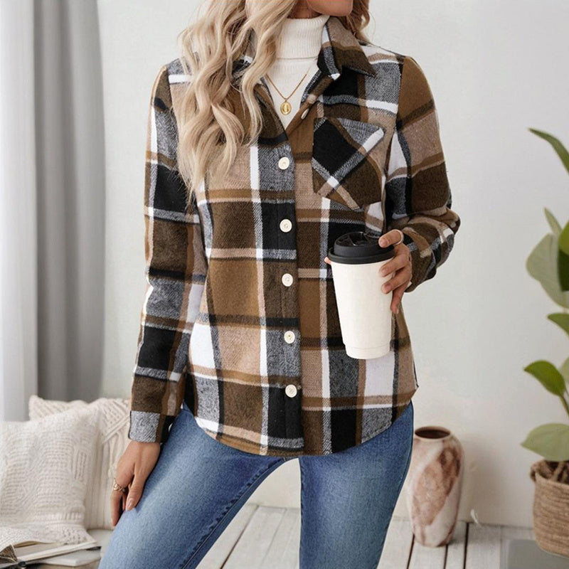 Women's Checkered Fleece Lined Shacket, Plaid Button Down Shirt Jacket With Chest Pockets, Fall Winter Outerwear Coat