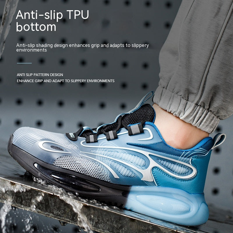 Blue and black sports shoe with anti-slip TPU sole on wet surface, highlighting grip and slip resistance