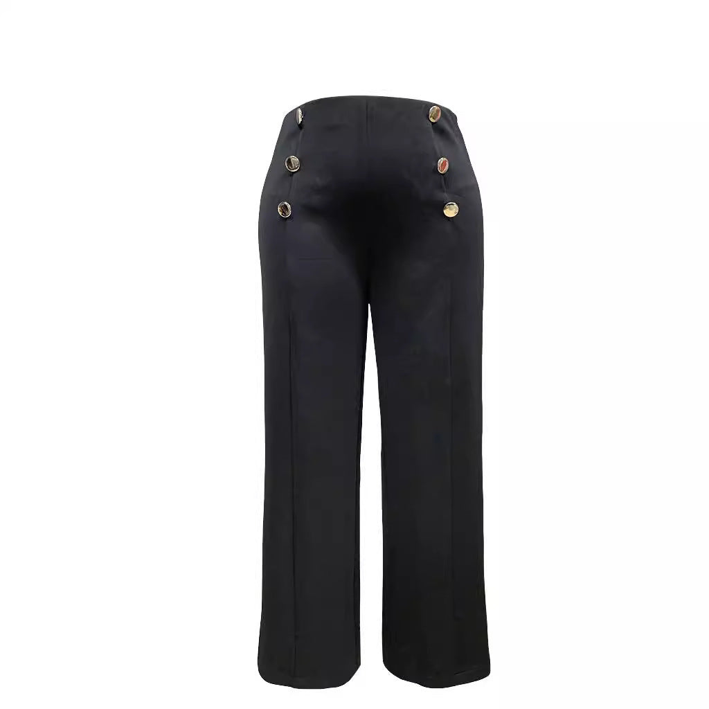 Black high-waisted wide-leg trousers with decorative gold buttons on front