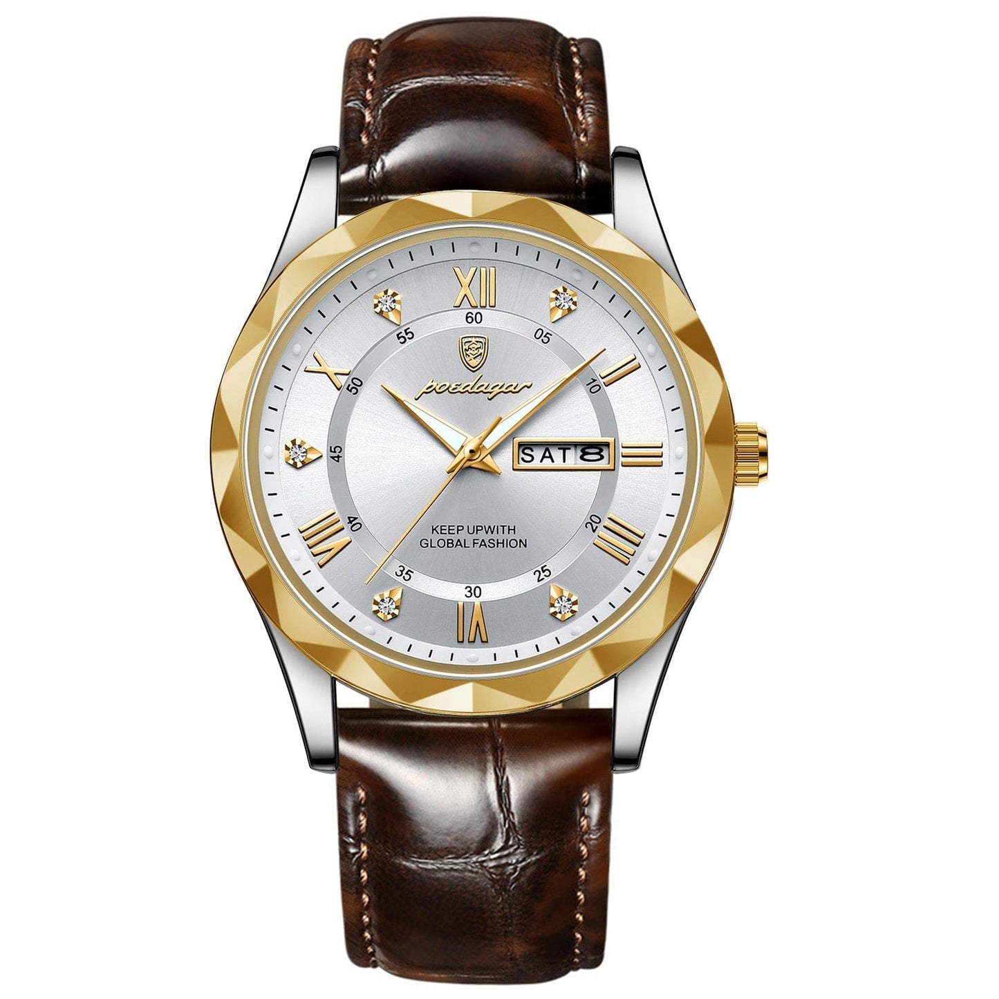 Men's luxury wristwatch with gold bezel, silver dial, Roman numerals, date display, and brown leather strap