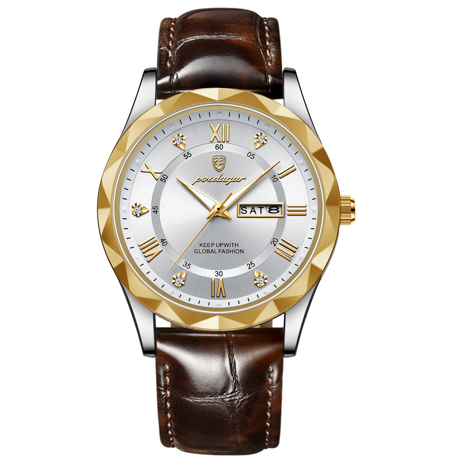 Men's luxury wristwatch with gold bezel, silver dial, Roman numerals, date display, and brown leather strap