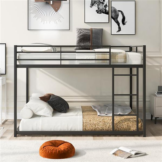 Modern black metal bunk bed with white and brown bedding, decorative pillows, wall art, and cozy room setting