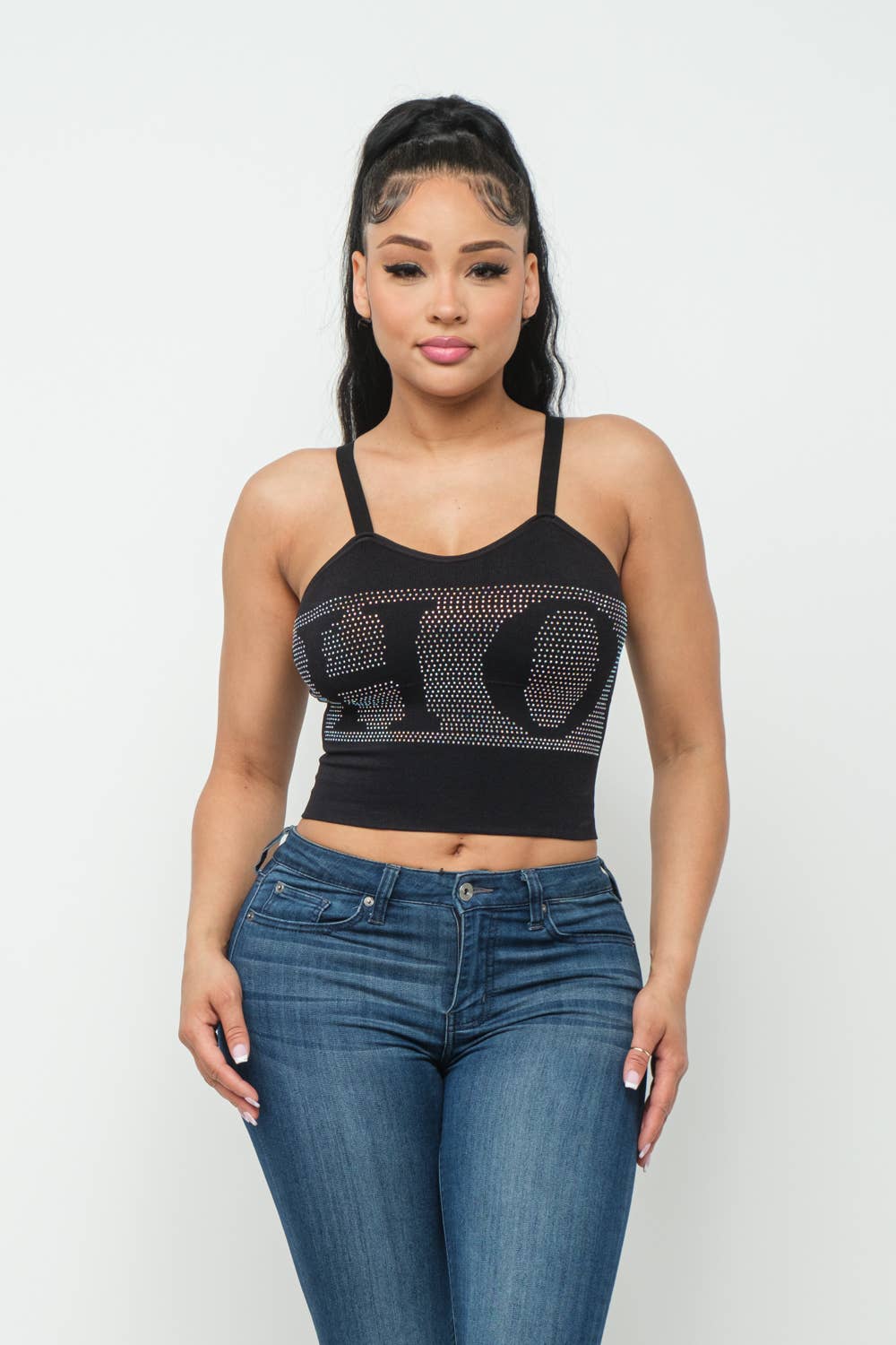 Seamless Front "Ho" Studs Embellished Detail Top
