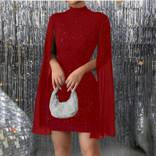 Women’s Glitter Bodycon Mini Dress with Mock Neck & Cloak Sleeves – Party & Evening Cocktail Dress