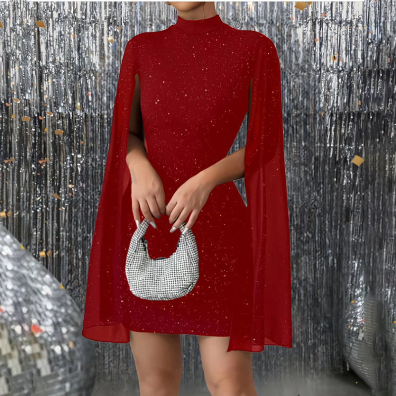 Women’s Glitter Bodycon Mini Dress with Mock Neck & Cloak Sleeves – Party & Evening Cocktail Dress