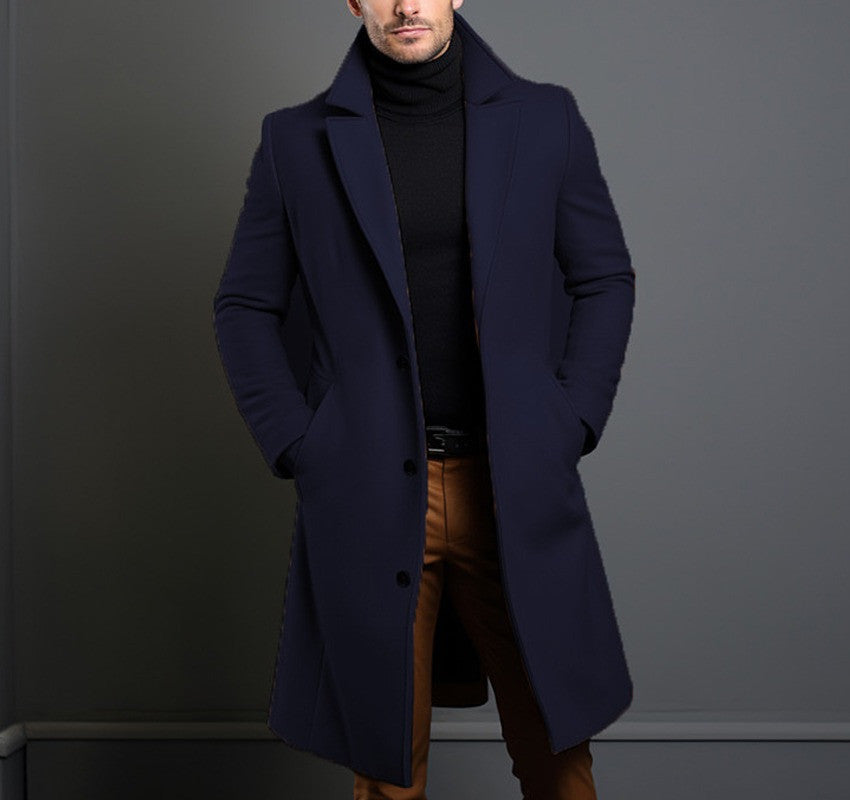 Men’s British Style Woolen Coat – Classic Winter Jacket, Straight Hem Mid-Length Coat with Polyester Lining