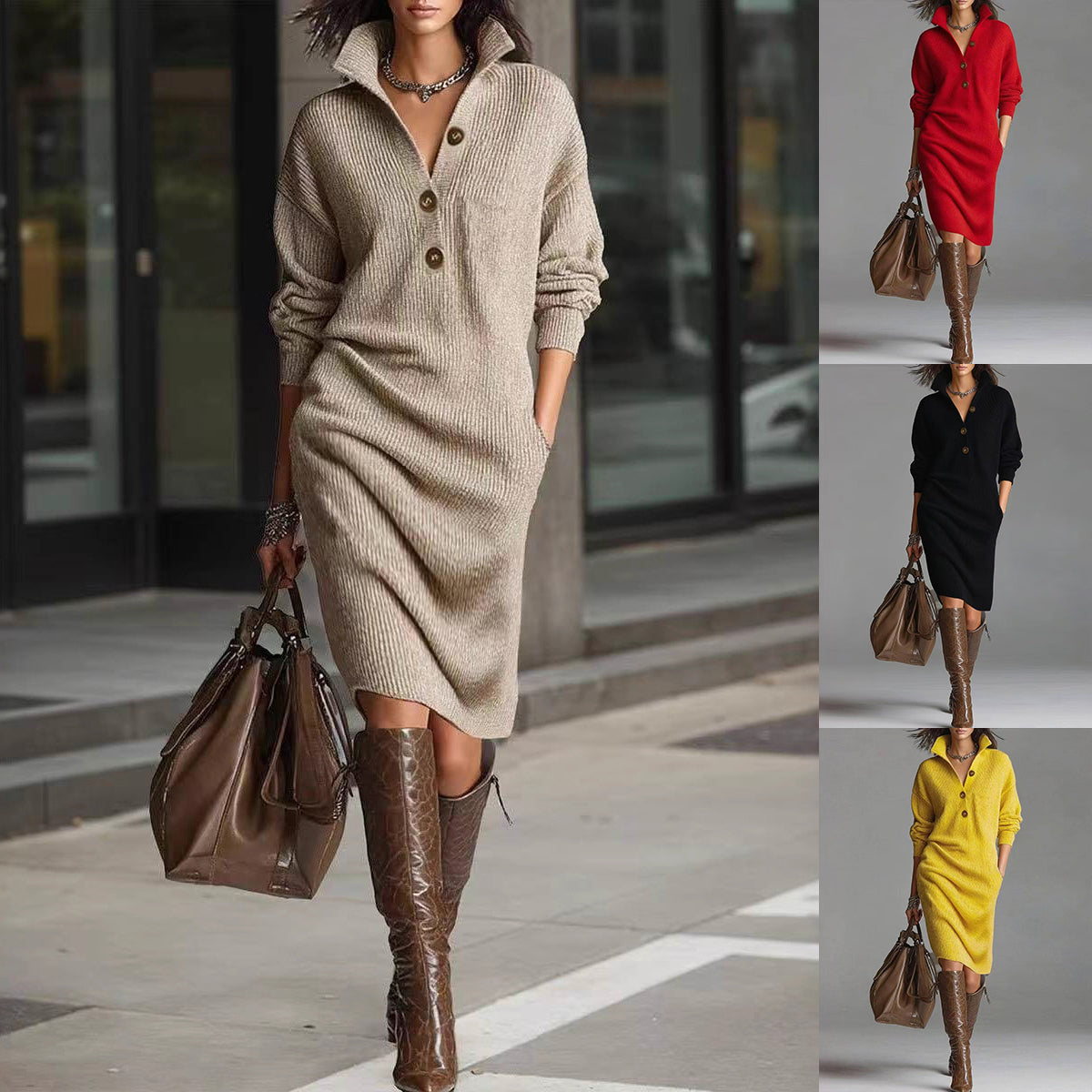 Woman wearing beige knit sweater dress with brown knee-high boots and large brown handbag, plus variations in red, black, and yellow