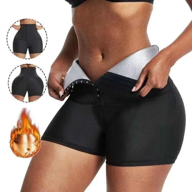 Close-up of a woman wearing black waist trainer shorts with hook closure, promoting slimming and waist shaping