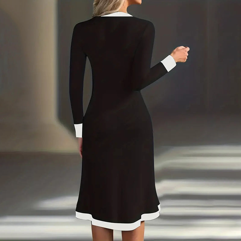 Women's Color Block Maxi Dress, V-Neck Long Sleeve Elegant Casual Dress