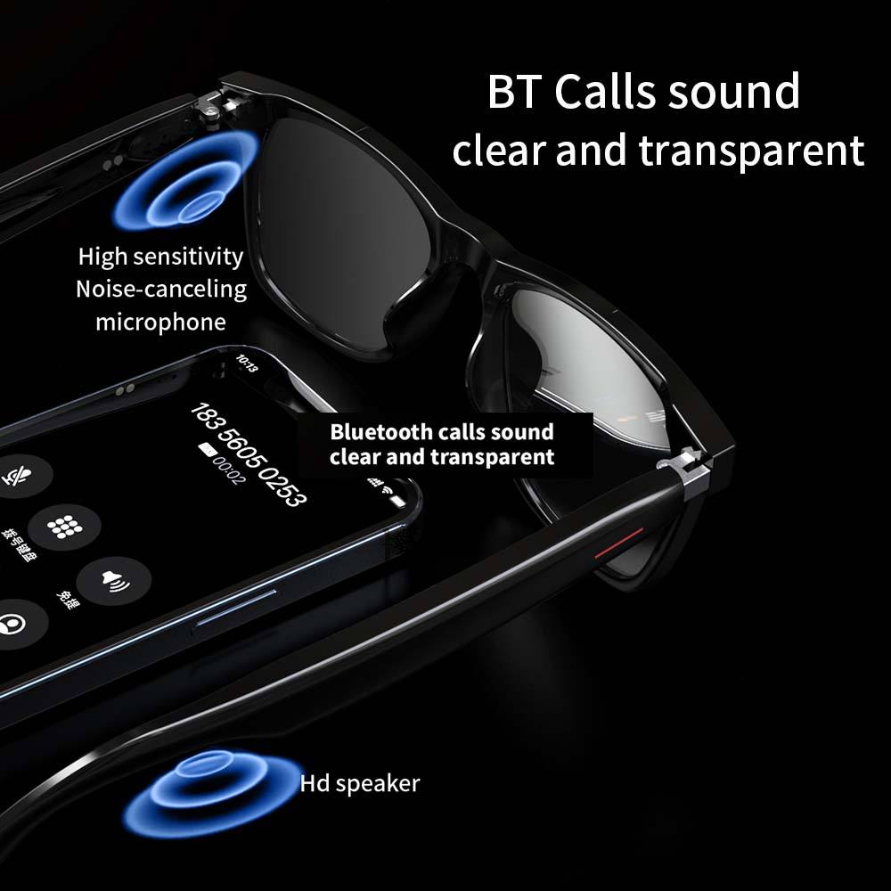 Black smart glasses with high sensitivity noise-canceling mic and HD speaker showing clear Bluetooth calls on smartphone