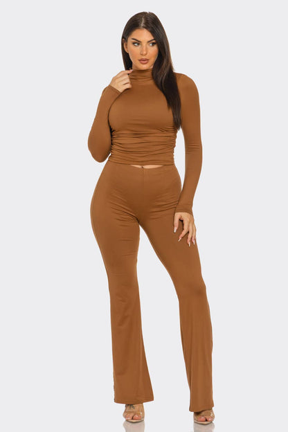 Mock Neck Shirring Top And Flare Leggings Set