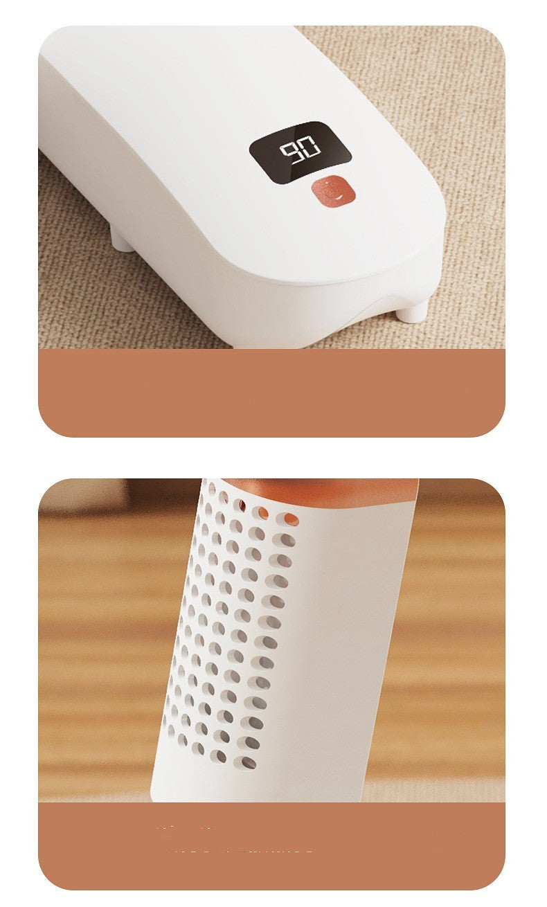 White modern air purifier with digital display and perforated vent design on carpet and wooden floor