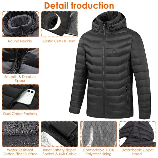 Men’s Heated Winter Puffer Jacket – 3 Temperature Levels (USB Powered)