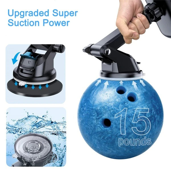 Hand holding black suction cup lifting a 15-pound blue bowling ball, showing upgraded super suction power with water splash