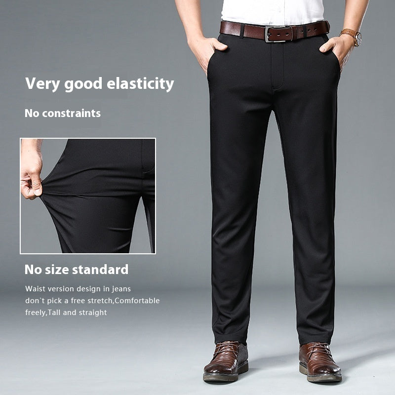 Men's black elastic stretch trousers with brown belt and dress shoes, shown with hand demonstrating fabric stretch
