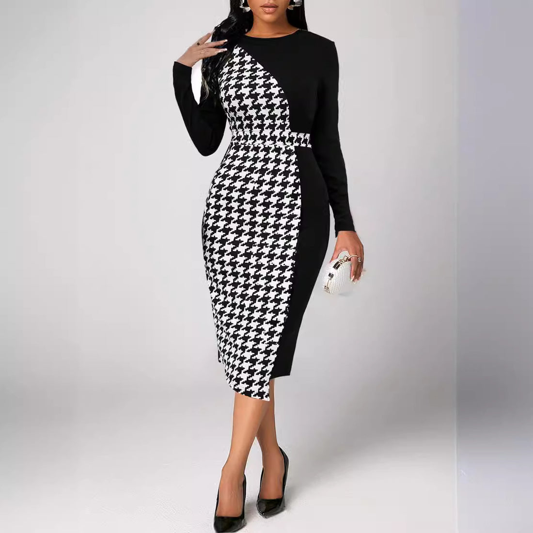 NEW Houndstooth Long Sleeve Elegant Style Sheath Dress