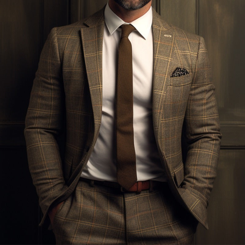 Man wearing a brown plaid suit with a white shirt, brown tie, and patterned pocket square