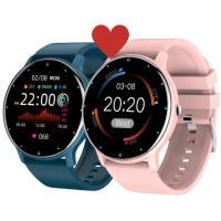 Two smartwatches in blue and pink with fitness and health tracking displays, connected by a red heart icon