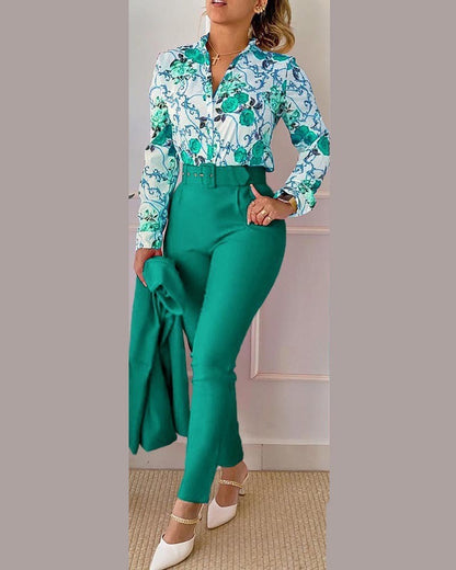 NEW Printed Long-sleeved Top Solid Color Pants Suit With Belt