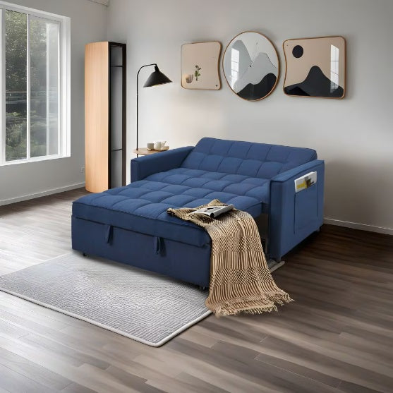 NEW Stylish Blue Pull-Out Sofa Bed With Woven Polyester Fabric &amp; Solid Wood Frame