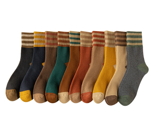 10 Pairs Oversized Thick Polar Fleece Lined Winter Socks – Vintage Striped Thermal Cotton Socks for Women & Men