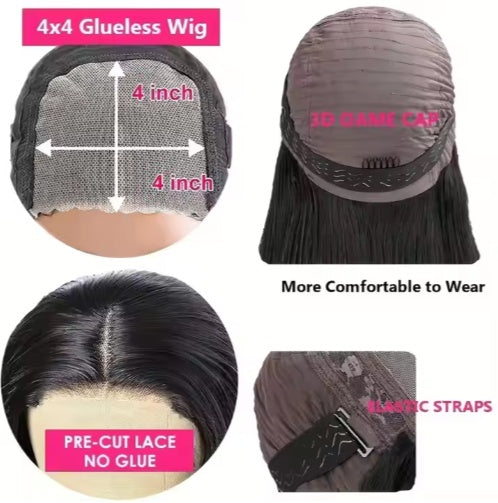 4x4 glueless wig with 4 inch lace, 3D game cap, elastic straps, pre-cut lace no glue