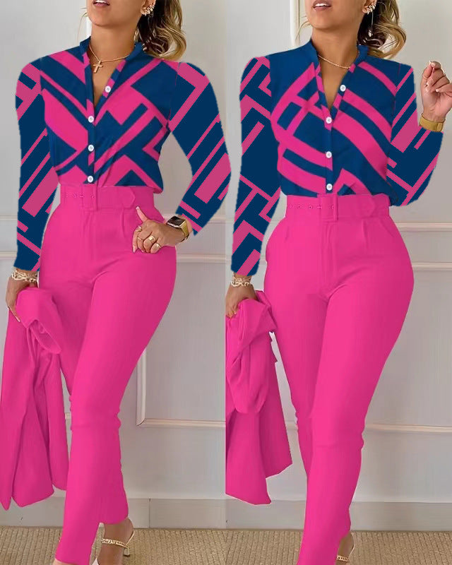 NEW Printed Long-sleeved Top Solid Color Pants Suit With Belt