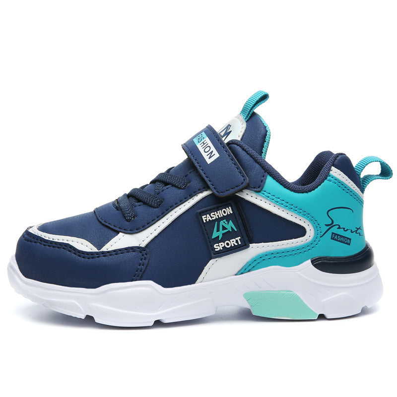 Blue and turquoise youth sport sneaker with white sole and Velcro strap labeled fashion sport