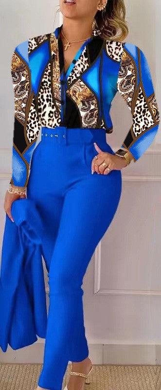 NEW Printed Long-sleeved Top Solid Color Pants Suit With Belt