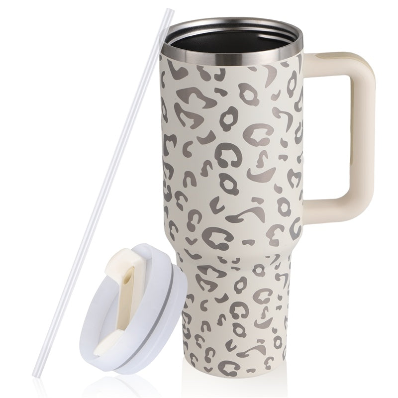 leopard print insulated travel mug with handle, lid, and straw on white background