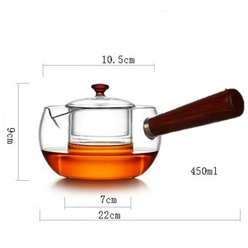 450ml glass teapot with wooden handle and lid, dimensions 22cm length, 9cm height, 10.5cm lid diameter