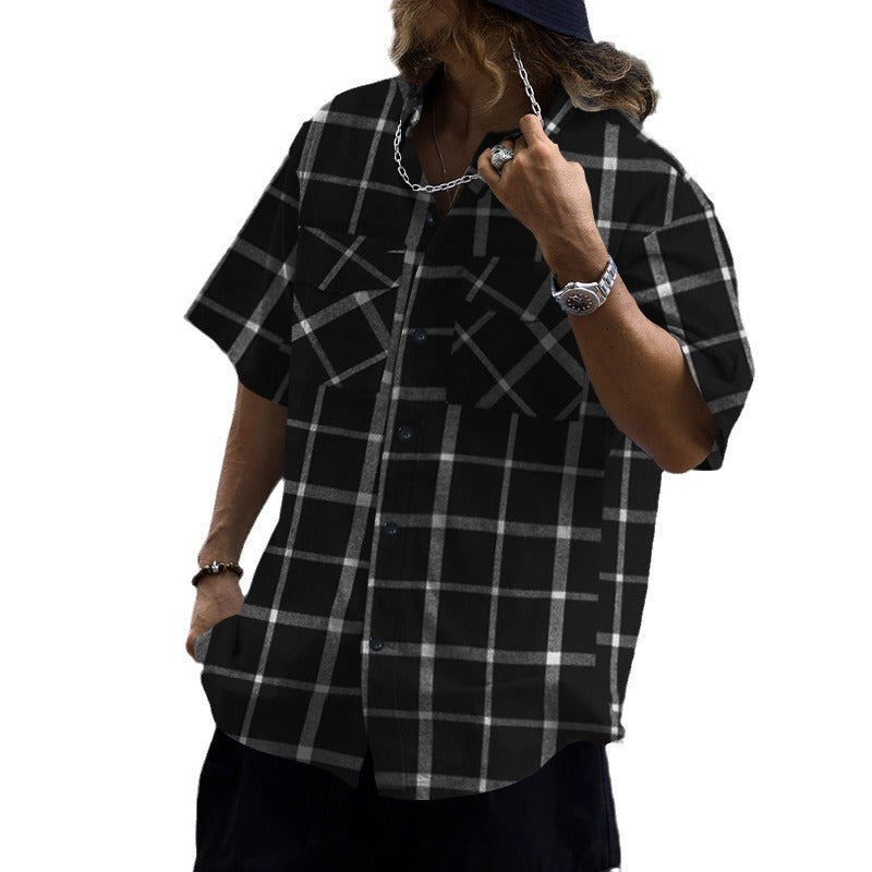 Trendy Checkered Patchwork Button-up Casual Sport Short Sleeve Shirt