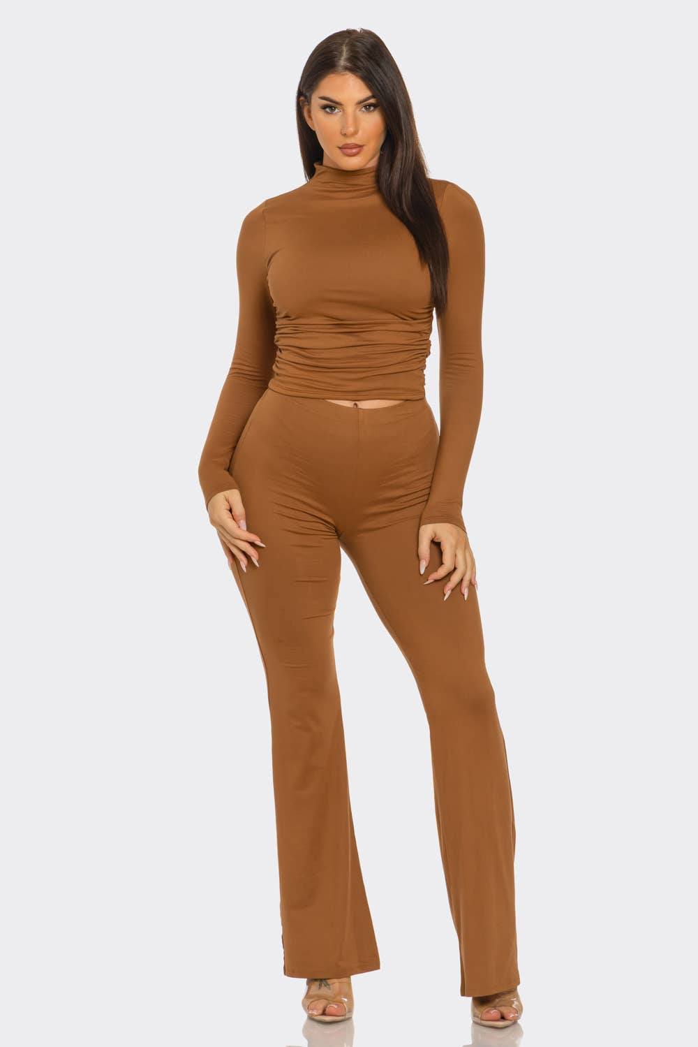 Mock Neck Shirring Top And Flare Leggings Set
