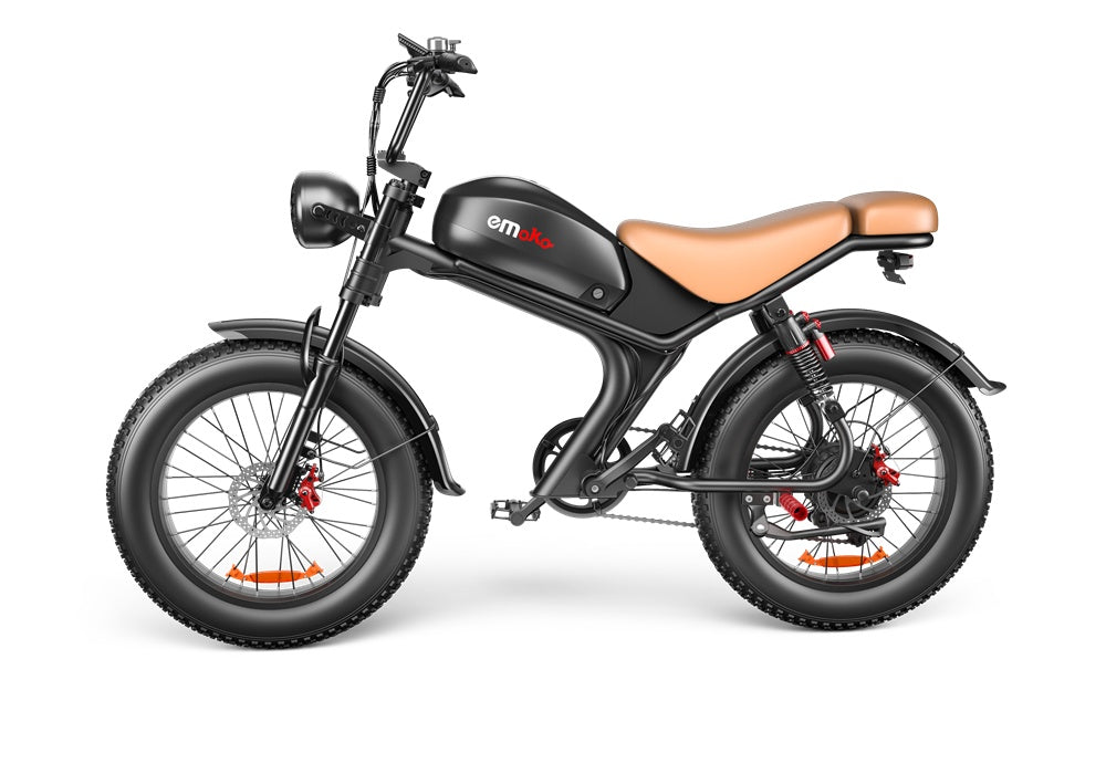 Black Emoko electric bike with tan leather seat and fat tires on a white background