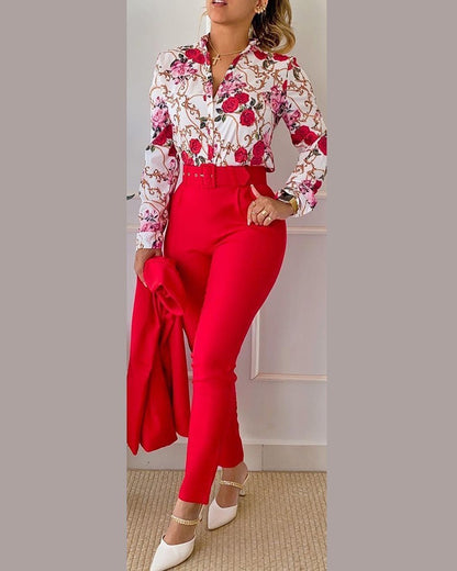 NEW Printed Long-sleeved Top Solid Color Pants Suit With Belt