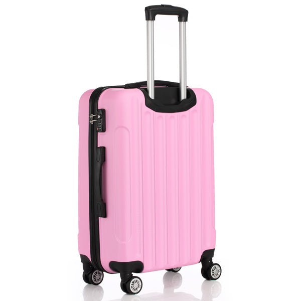 Pink hard-shell suitcase with telescopic handle and four spinner wheels on white background