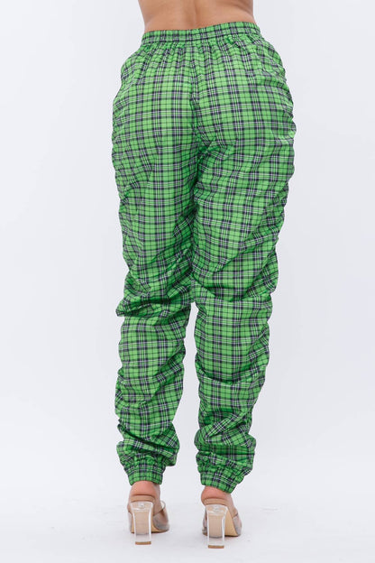 Plaid Print Wind Breaker Drawstring Shirring Jogger Pants