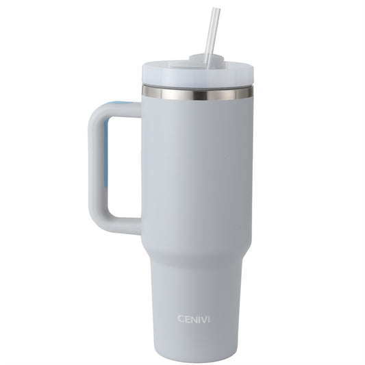 Light gray insulated travel mug with handle, straw lid, and Cenivi logo