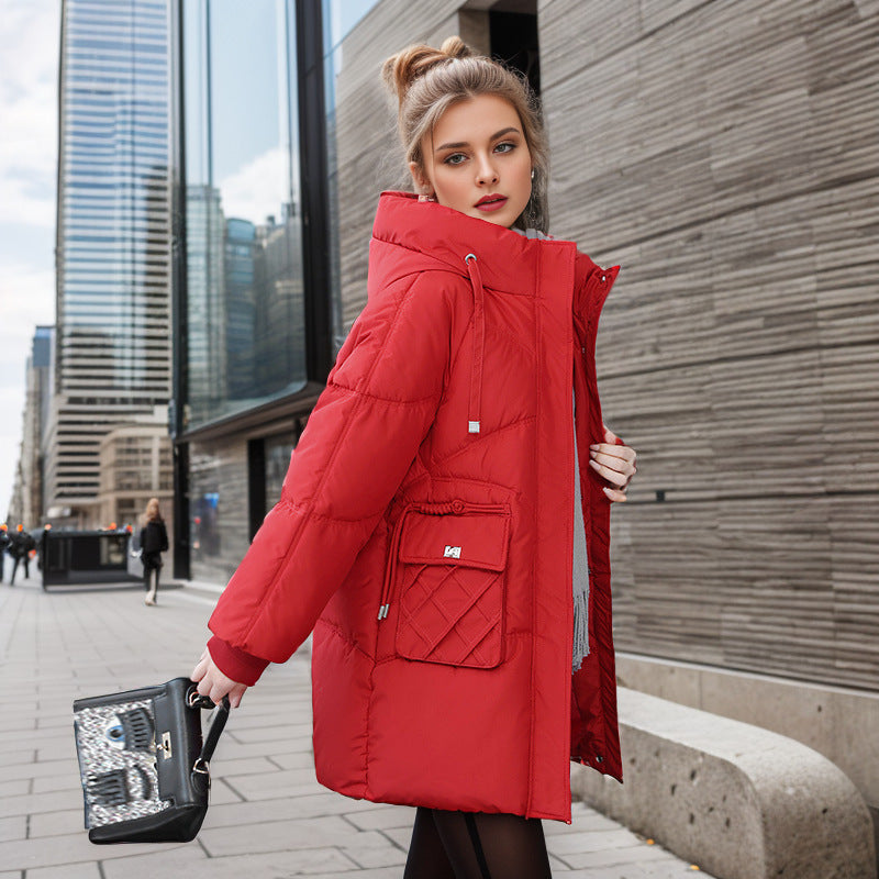 NEW Winter Warm Hooded Coat With Pockets Fashion Solid Color Thicken Straight Cotton Jacket For Women Outerwear Clothing