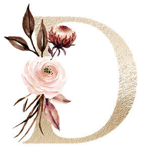 Golden letter D with pink and brown floral bouquet on white background