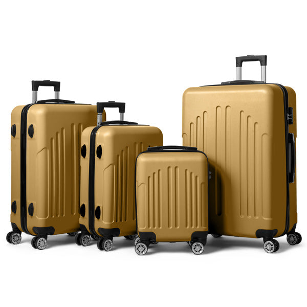 Set of four gold hard-shell suitcases with black handles and four spinner wheels on white background