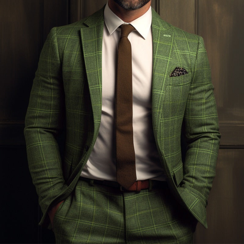 Man in green plaid suit with brown tie and patterned pocket square against wooden background