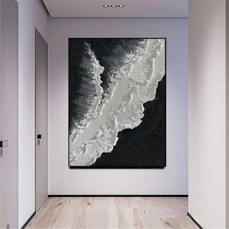 NEW Modern Abstract Hand Painted Wall Decor Art Poster Ocean Seaside Thick Gray And Black Oil Painting Simple Design Wall Art, Unframed.