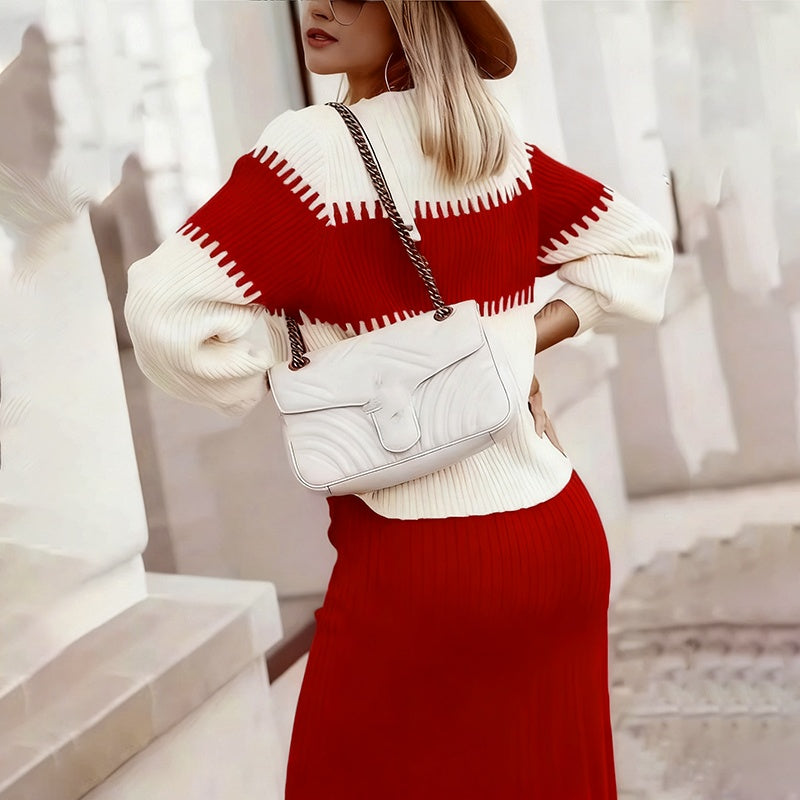Women’s Color-Block Knit Sweater & Skirt Set – 2-Piece Winter Outfit with Pocket Skirt